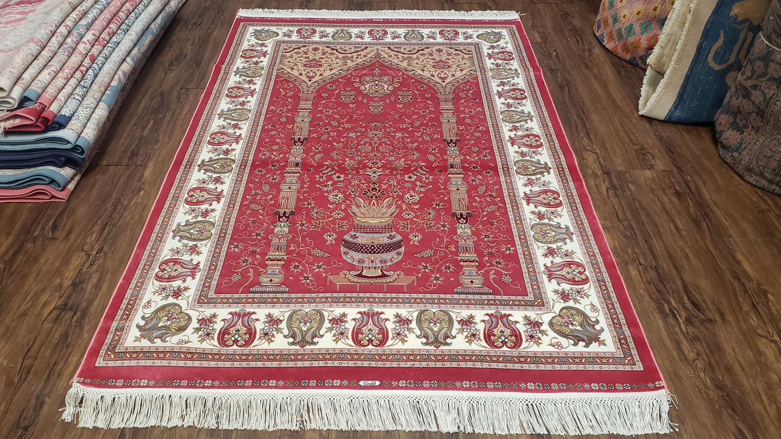 4 x 6 Silk Carpet Red, Traditional Oriental Rug 4x6, Flower Vase Columns, Turkish Rug New, High Quality, Bamboo Silk, Area Rug