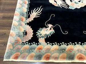 Black Chinese Wool Rug 8x10 with Dragons, Rainbow Borders, Rare