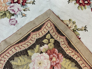 Portuguese Needlepoint Rug 8x9, Vintage Rug 8 x 9 ft, Ivory Dark Brown Hand-Woven Wool Portuguese Carpet, European Rug