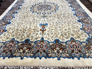 Persian Kashan Rug 9 x 12.6, Ivory and Blue, Floral Medallion, Wool Hand Knotted Semi Antique Carpet