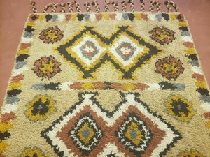 Portuguese Rya Style Shag Rug Moroccan Design, 4x6 Vintage Colorful Geometric Rug, Handmade Wool Gold Tan, Soft Pile Rug