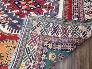 Vintage Turkish Kazak Area Rug, 6ft Square Rug, 6x6 Square Oriental Carpet, Hand-Knotted, Wool, Bold Colors, Red Blue Green, Geometric Rug
