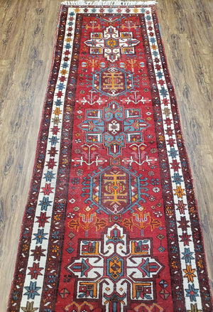 Antique Persian Heriz Karajeh Runner Rug 3x11, Hand-Knotted Red Geometric Medallions