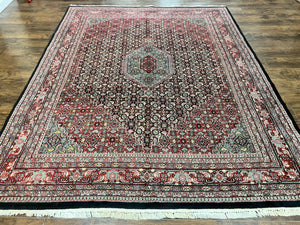 Indo Persian Rug 8x10, Wool Hand Knotted Vintage Carpet, Red & Midnight Blue, Indo Bidjar Oriental Rug, Herati Mahi Pattern, Room Sized Rug