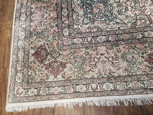 Vintage Indian Room Sized Silk Rug 8x10, Indo Kashmiri Carpet, Hand-Knotted Persian Oriental Carpet, Floral Medallion Allover Pattern, Ivory