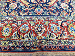 Square Turkish Mahal Rug 8 x 8.5, Colorful Square Carpet, Large 8ft Square Rug, Blue Red Yellow, Handmade Wool, Vintage, Large Flowers, Nice