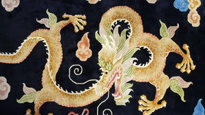 Rare Antique Chinese Art Deco Rug 6x9 with Dragon, Black Chinese Carpet 6 x 9, Hand Knotted Wool Area Rug
