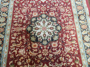 3x5 Silk Hand-Knotted Rug, Silk Oriental Carpet 5 x 3, Red & Ivory, Floral Medallion, Gold Fringes, Semi Antique Vintage Traditional Rug