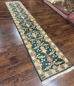 Indian Runner Rug 2.6 x 12, Navy Blue Beige Oriental Runner Rug 12ft Long, Narrow Hallway Runner, Wool Hand Knotted Indo Persian Mahal Rug
