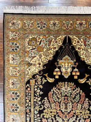 Wonderful Sino Persian Silk Rug 4x6, Tree of LIfe Design, Masterpiece 575 KPSI, Birds, Prayer Rug, Black, Silk on Silk