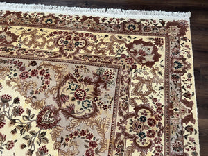 Vintage Sino Persian Rug 10x14, Room Sized Elegant Handmade Oriental Carpet 10 x 14, Floral Medallion Large Wool Rug with Silk Accents Beige