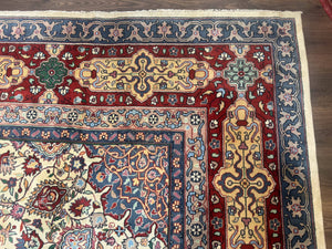 Persian Mashad Rug 10x16, Palace Size Handmade Wool Carpet, Cream Red, Floral Medallion, Vintage