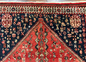 Persian Tribal Rug 3.6 x 5 ft, Persian Abadeh Rug, Geometric Medallion Bird Motifs, Red and Navy Blue Hand Knotted Handmade Wool Vintage Oriental Carpet