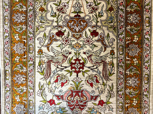 Silk Turkish Hereke Rug 2x3, Birds Lantern Very Fine 400 KPSI, Signed by Masterweaver, Wonderful, Rare, Small Hereke Rug