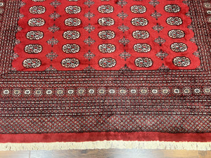 Turkoman Rug 8 x 11.6, Red Bokhara Pakistani Carpet, Wool Handmade Vintage Rug