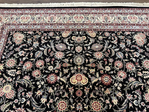 Pak Persian Rug 9x12, Floral Allover, Hand Knotted Oriental Carpet 9 x 12 ft, Black and Cream, Detailed, Wool with Silk Highlights, Vintage