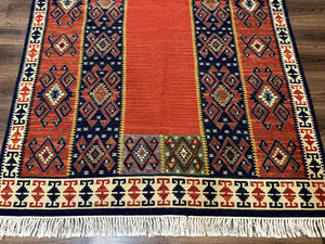Turkish Kilim Rug 5x8, Flatweave Carpet, Handmade Bohemian Rug, Terracotta and Navy Blue