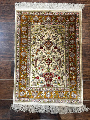 Silk Turkish Hereke Rug 2x3, Birds Lantern Very Fine 400 KPSI, Signed by Masterweaver, Wonderful, Rare, Small Hereke Rug