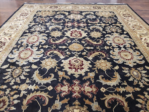 Indo Mahal Rug 8x12, Indian Sultanabad Handmade Area Rug, Vintage Hand-Knotted Wool Black Floral Traditional Oriental Dinning Room Rug