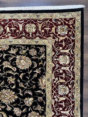 Indo Persian Rug 8x10, Black and Maroon Floral Allover Wool and Silk Oriental Carpet 8 x 10 ft, Hand Knotted Traditional Vintage Room Sized