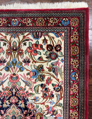 Wonderful Persian Qum Runner Rug 2.8 x 10 ft, Floral Medallions with Bird Motifs, Hand Knotted Wool Fine Oriental 10ft Hallway Runner, Cream Red