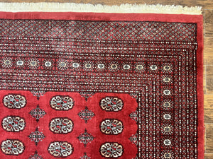 Turkoman Rug 8 x 11.6, Red Bokhara Pakistani Carpet, Wool Handmade Vintage Rug