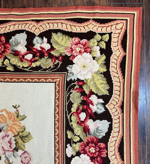 Portuguese Needlepoint Rug 8x9, Vintage Rug 8 x 9 ft, Ivory Dark Brown Hand-Woven Wool Portuguese Carpet, European Rug
