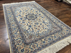 Persian Isfahan Rug 5x8, Kork Wool on Silk Foundation, 440 KPSI, Handmade Vintage Carpet, Floral Medallion Oriental Rug, Ivory & Blue, Very Fine