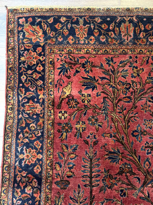 Antique Persian Tree of Life Rug 3x5, Manchester Wool, Bird Pictorials, Fine 240 KPSI, Red Navy Blue