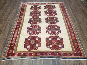 Vintage Persian Gabbeh Rug, Dark Red & Cream, Hand-Knotted, 5' x 6' 4"