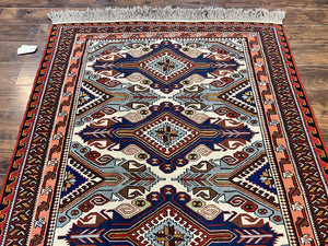 Russian Soumak Rug 6x8, Wool Handmade Antique Kilim Carpet, Multicolor 6 x 8 Geometric Medallions Caucasian Rug, Medium Size
