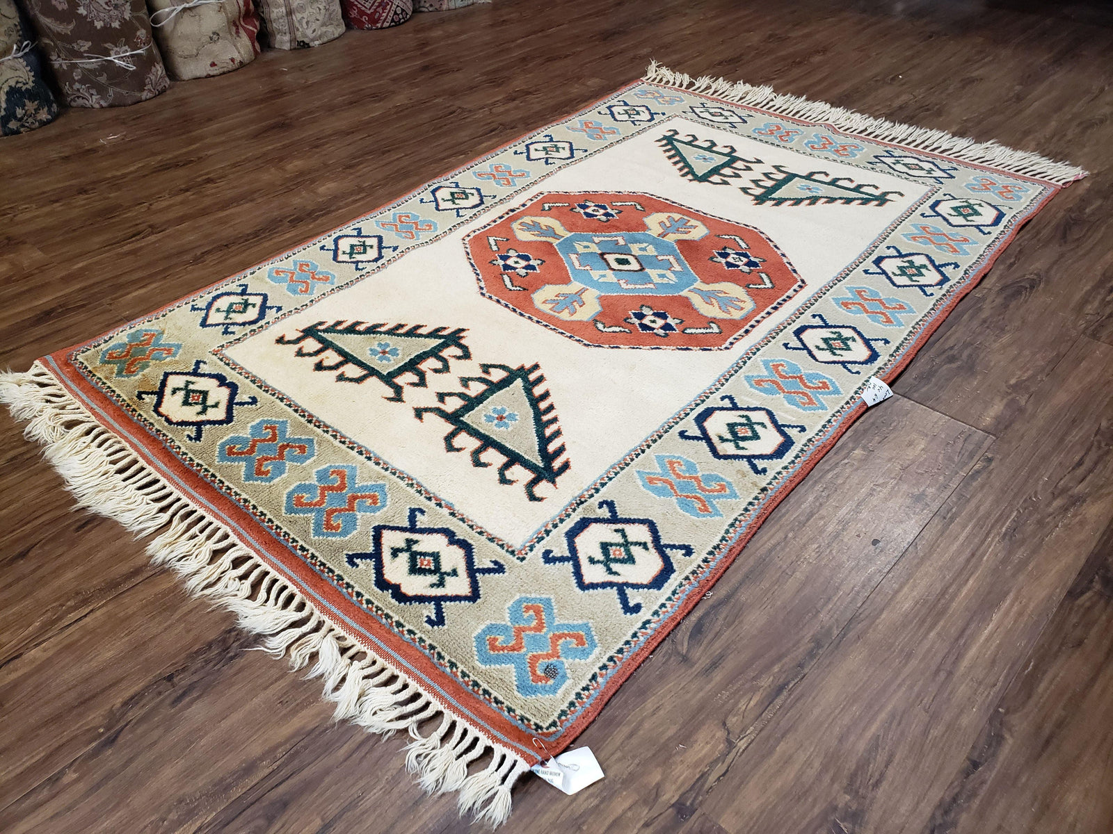 Vintage Turkish Rug 4x6, Beige Red Gray Carpet, Caucasian Design, Tribal Rug, Hand-Knotted, Boho Rug, Bohemian Home Decor