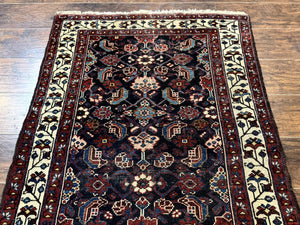 Navy Blue Antique Persian Rug 3x6, Blue and Ivory Persian Carpet, Handmade 1920s Hamadan Rug