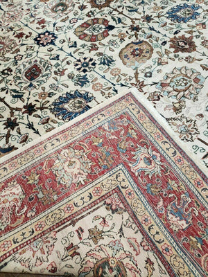 Antique Persian Tabriz Rug 9x12, Hand Knotted Oriental Carpet 9 x 12 ft, Vintage Wool Room Sized Rug, Cream and Red, Floral Allover Handmade Rug