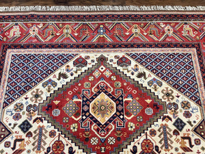 Belgium Power Loomed Rug 8x12, Geometric Medallions Persian Tribal Pattern, Vintage Wool Carpet, Ivory Red Blue