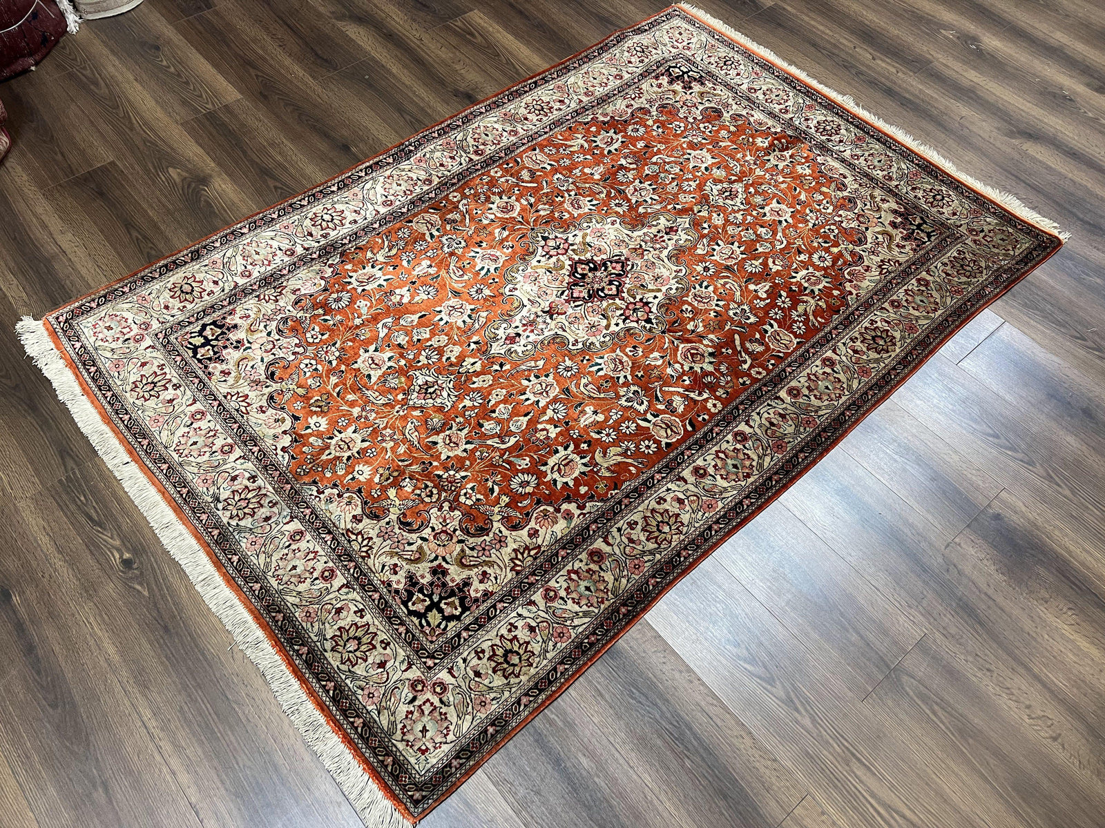 Persian Qum Silk Rug 5x7 - Floral Medallion, Birds, Orange-Red