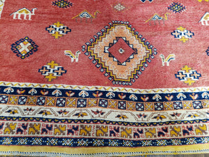Vintage Moroccan Rug 6.6 x 9.8 ft, Tribal Bohemian Wool Hand-Knotted Carpet, 1950s Moroccan Rug, Salmon Red and Navy Blue, Room Sized Rug