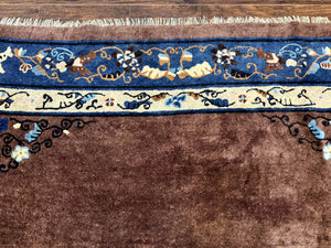 Antique Chinese Wool Rug 9x11, Large Chinese Art Deco Rug, Peking Rug, Brown and Blue, Open Field, Fete Rug