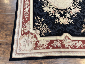 Needlepoint Rug 5x8, Wool Handmade Vintage European Design Carpet, Black & Maroon, French Aubusson Pattern Flatweave Rug