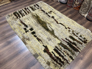 Swedish Rya Shag Rug 5x8, Multicolor Abstract Mid Century Vintage Retro Shag Rug, Soft Fluffy High Pile, Cream Gray Greens, 5 x 8 Shag Rug