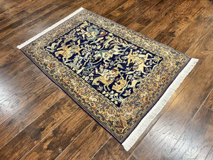 Persian Qum Hunting Design Rug 4x5, Wool Hand Knotted Vintage Oriental Carpet, Navy Blue & Mustard, Horsemen Animal Pictorials, Rare
