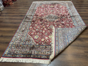 Indian Kashmiri Silk Rug 6x9, Red and Navy Blue, Floral Medallion, Fine 275 KPSI