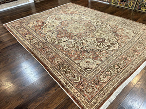 Antique Persian Tabriz Rug 10x12, Wool Hand Knotted Oriental Carpet, Beige Light Red, Floral Medallion