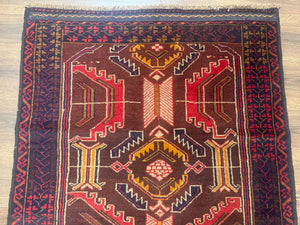 Afghan Rug 3x7, Maroon and Navy Blue, Balouch Carpet, Tribal Rug, New