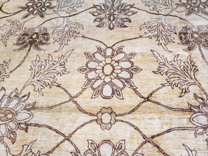 Oversized Peshawar Chobi Oushak Area Rug 11.6 x 12.5, Wool Hand-Knotted Light Gold & Ivory Decorative Pakistani Floral Carpet, 11x12 - 12x13