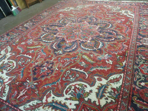 Persian Heriz Rug 7.5 x 10, Room Sized Heriz Ahar Carpet, Semi Antique Vintage Floral Large Medallion Rug, Red and Navy Blue, Hand Knotted Wool Rug
