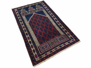 3x5 Vintage Handmade Tribal Wool Rug Balouchi Prayer Rug Afghan Rug Red Blue Wow