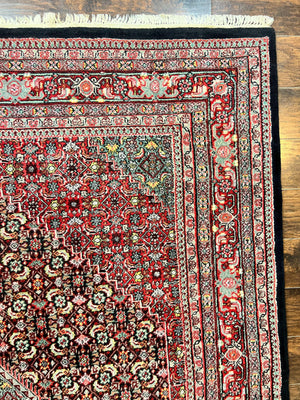 Indo Persian Rug 8x10, Wool Hand Knotted Vintage Carpet, Red & Midnight Blue, Indo Bidjar Oriental Rug, Herati Mahi Pattern, Room Sized Rug