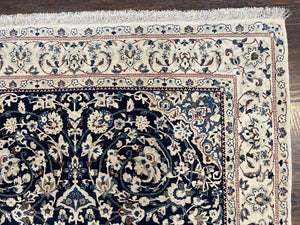Very Fine Persian Nain Rug 3.7 x 6, Floral Medallion, Wool and Silk Accents, Highly Detailed, Hand Knotted Oriental Carpet, Navy Blue Ivory/Cream