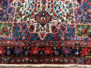 Persian Bakhtiari Rug 7x10, Antique Persian Carpet, Colorful, Great Colors, Ivory Red Blue, Rare Tribal Rug